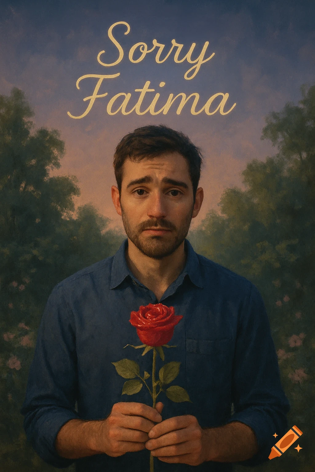 A sad man in a blue shirt holds a red rose against a painterly sky and trees, with "Sorry Fatima" written above him.