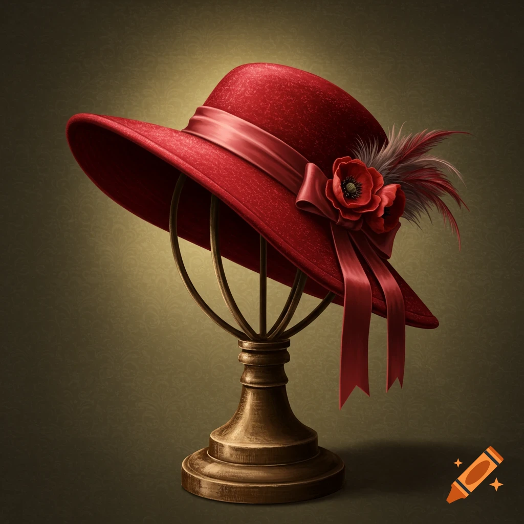 A vintage red hat with a wide brim, decorated with a red ribbon, a poppy flower, and feathers, resting on a bronze hat stand against a dark, subtly patterned background.