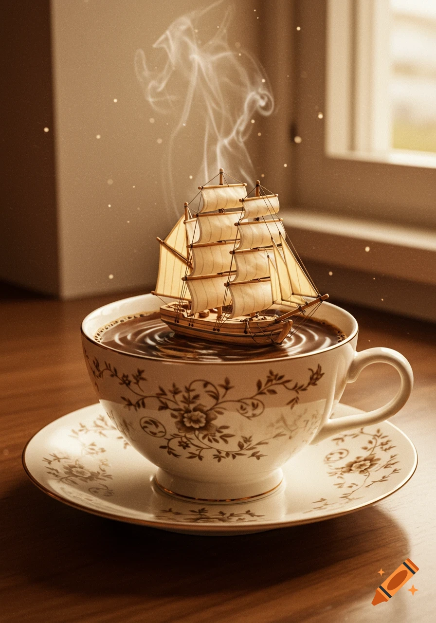 A miniature sailing ship floats in a steaming coffee cup on a wooden table with soft window light.