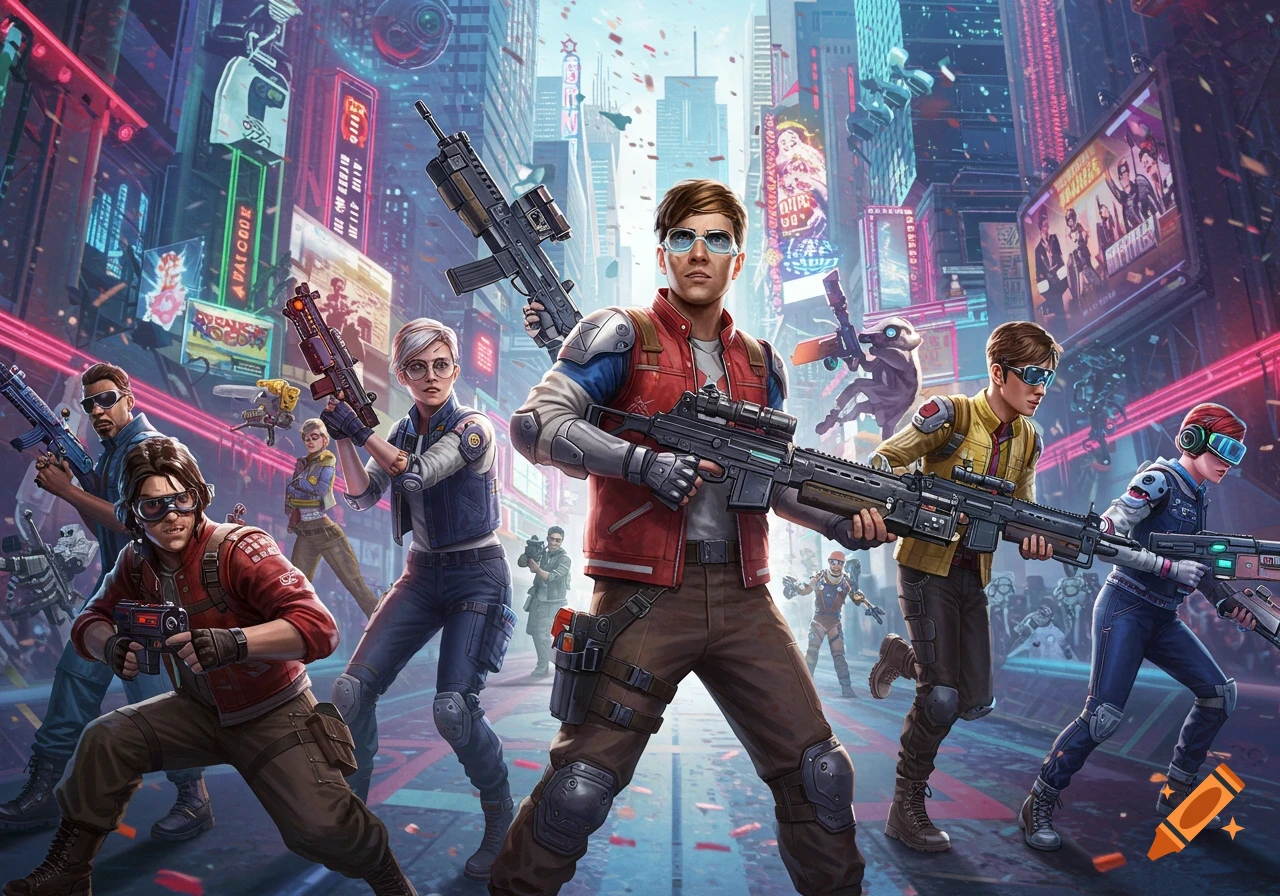 A group of armed individuals in a vibrant, neon-lit cyberpunk city street, ready for action. The scene evokes a video game or movie poster style.