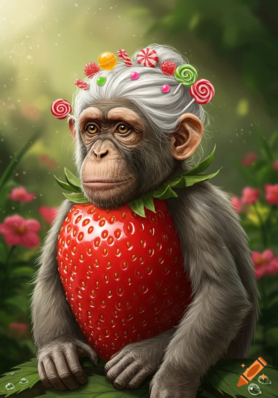 A whimsical monkey with gray hair adorned with colorful candies, its body replaced by a large red strawberry, in a lush green garden.
