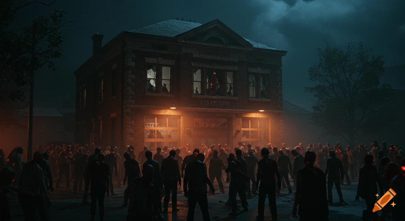 A photorealistic night scene of hundreds of zombies with red glowing eyes surrounding a brick fire station under a cloudy sky.