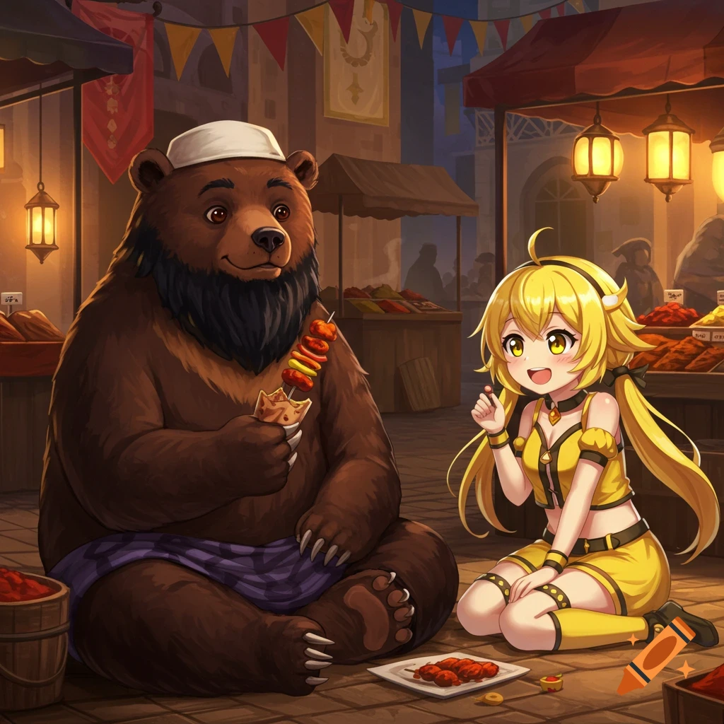 A bearded bear in a white hat and an anime girl in yellow eat at a vibrant night market.