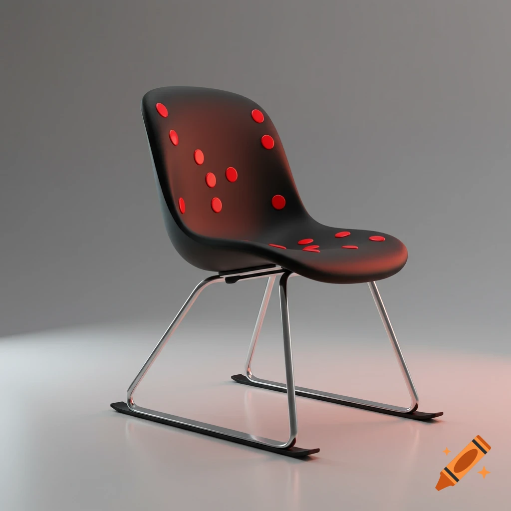 A black modern chair with red polka dots and chrome sled base legs, on a grey background.