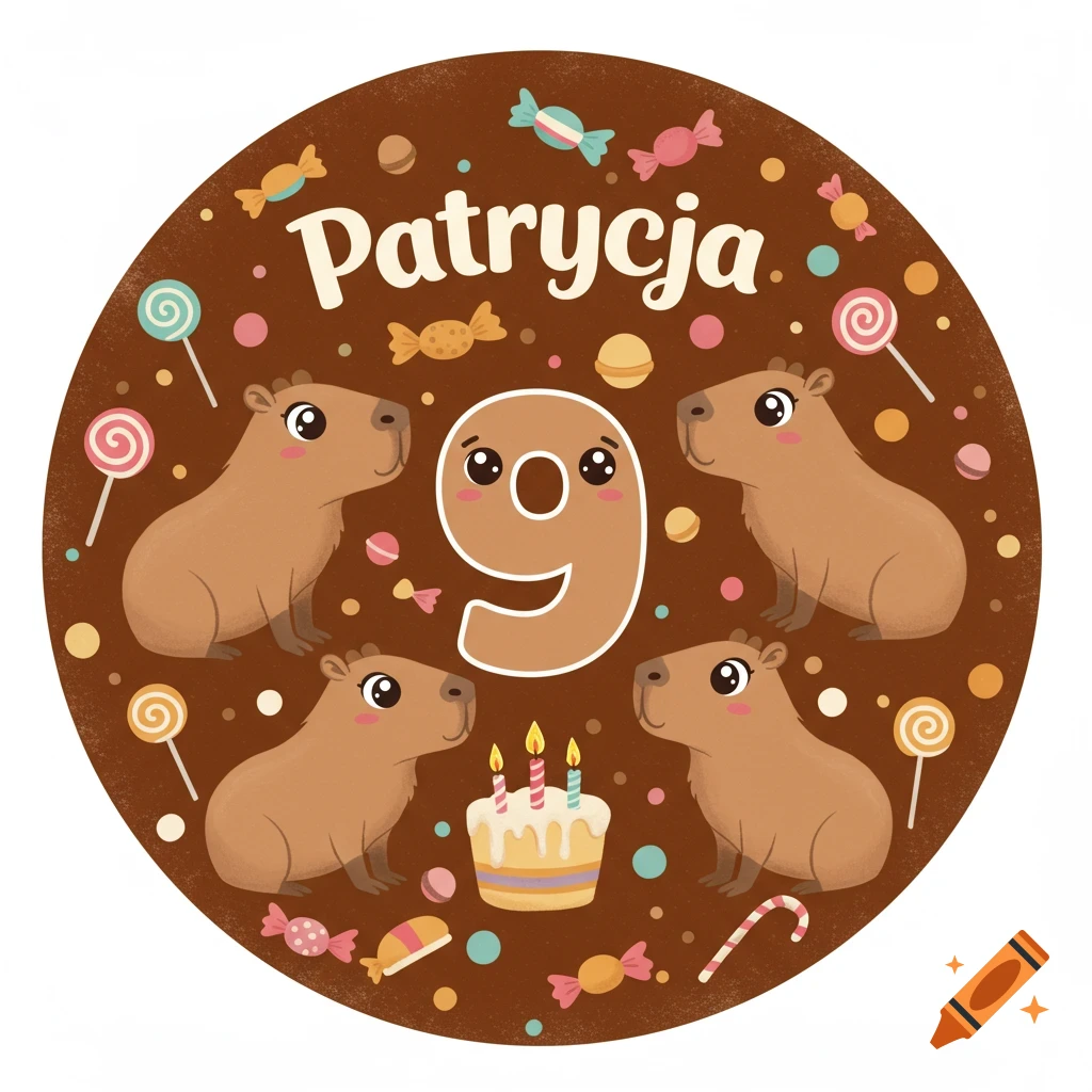 Cartoon capybara birthday wafer design with number 9, cake, candies, and name Patrycja on a brown background.