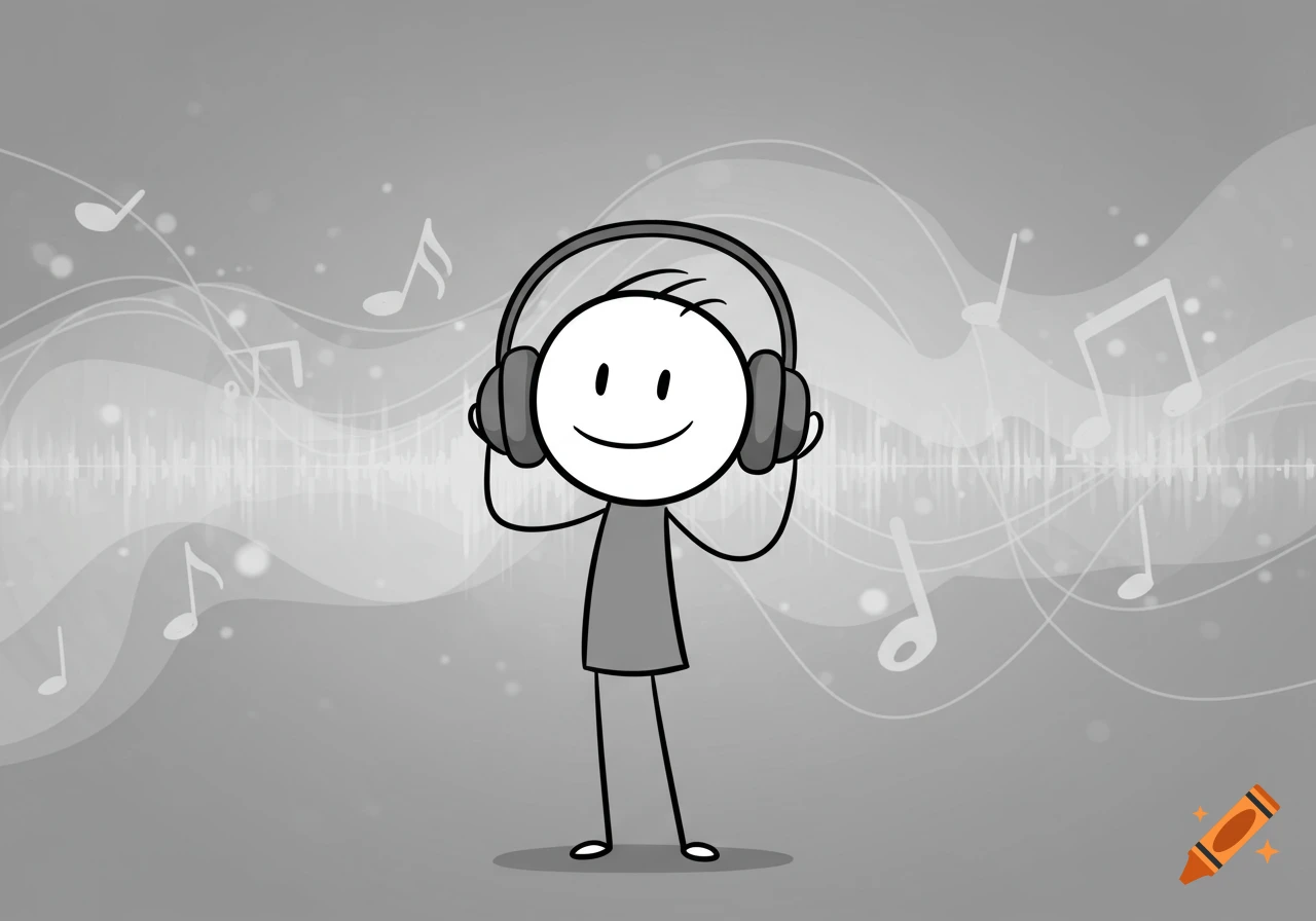 Grayscale stick figure wearing headphones, smiling, with musical notes and sound waves in the background.