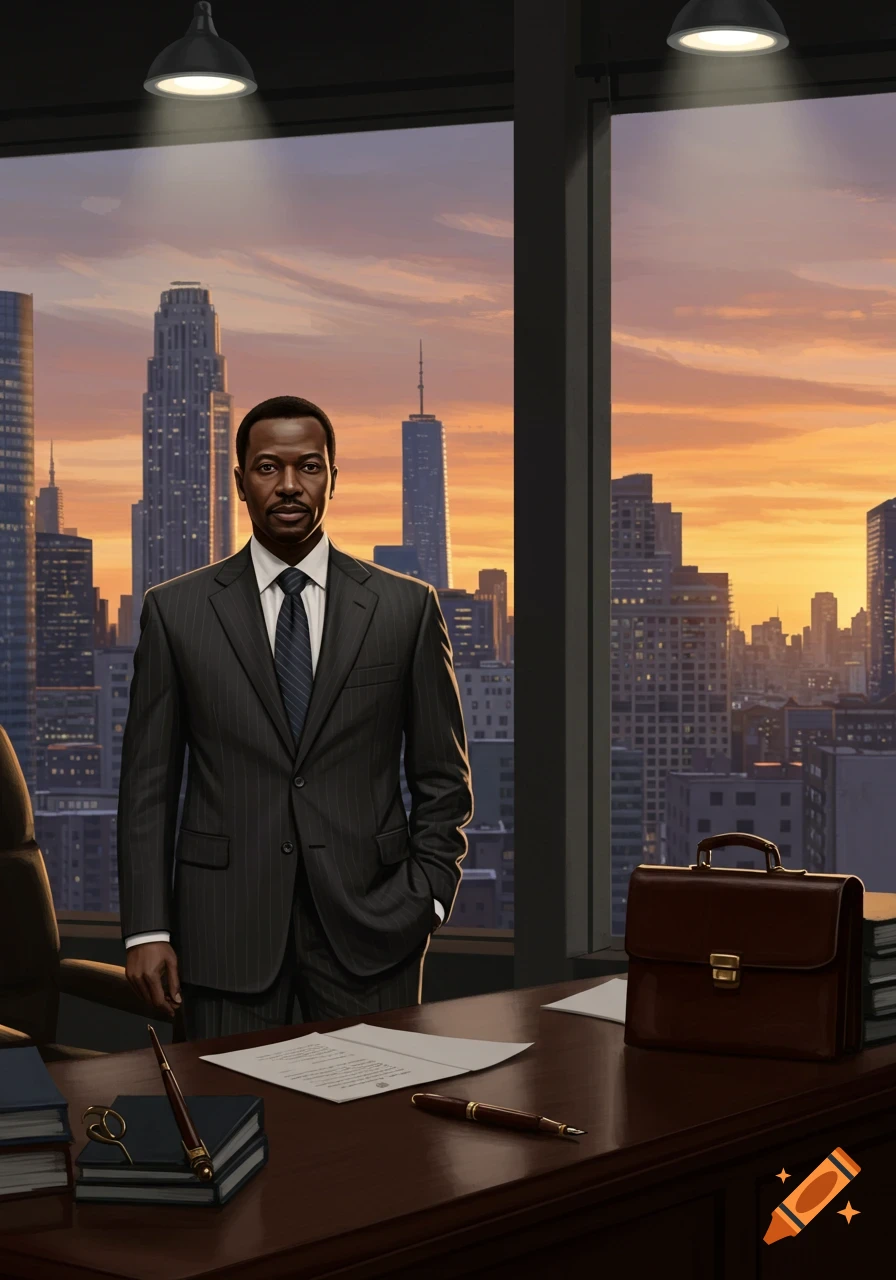 A man in a pinstripe suit stands in a modern office with a city skyline view at sunset. A desk with a briefcase and documents is in the foreground.