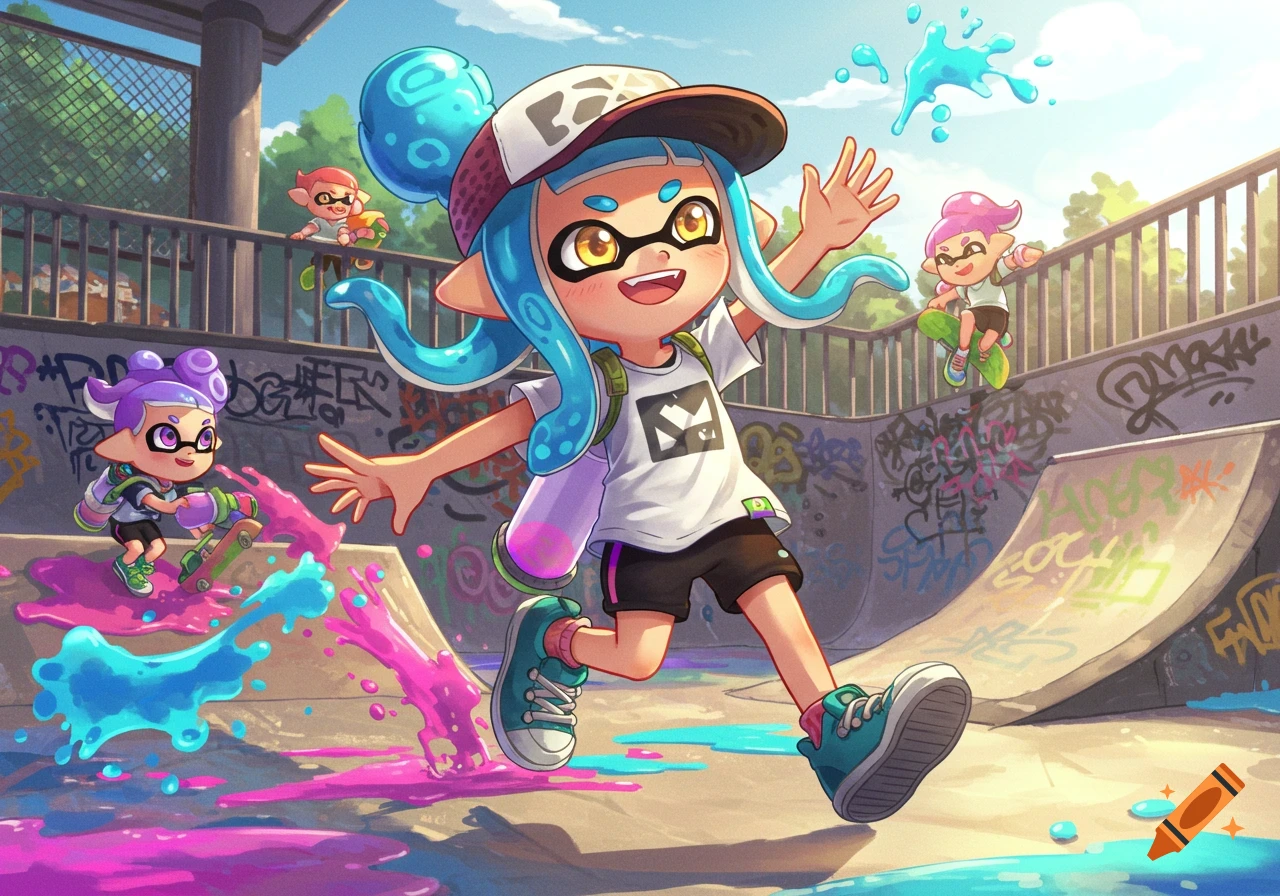 Cute Splatoon characters playing with colorful ink in a sunny graffiti-covered skate park.