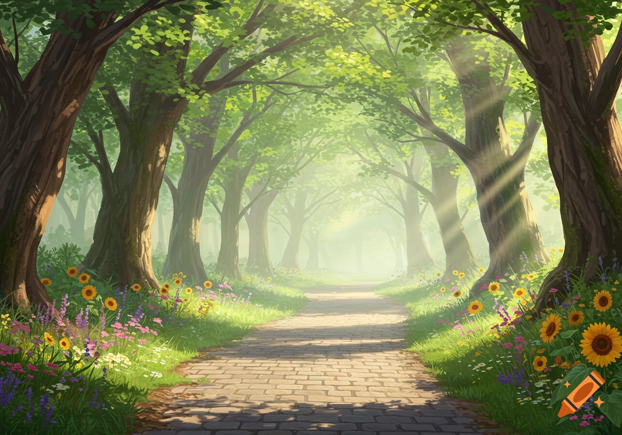 A sunlit cobblestone path winds through a vibrant green forest, lined with tall trees and colorful wildflowers, in an illustrated style.