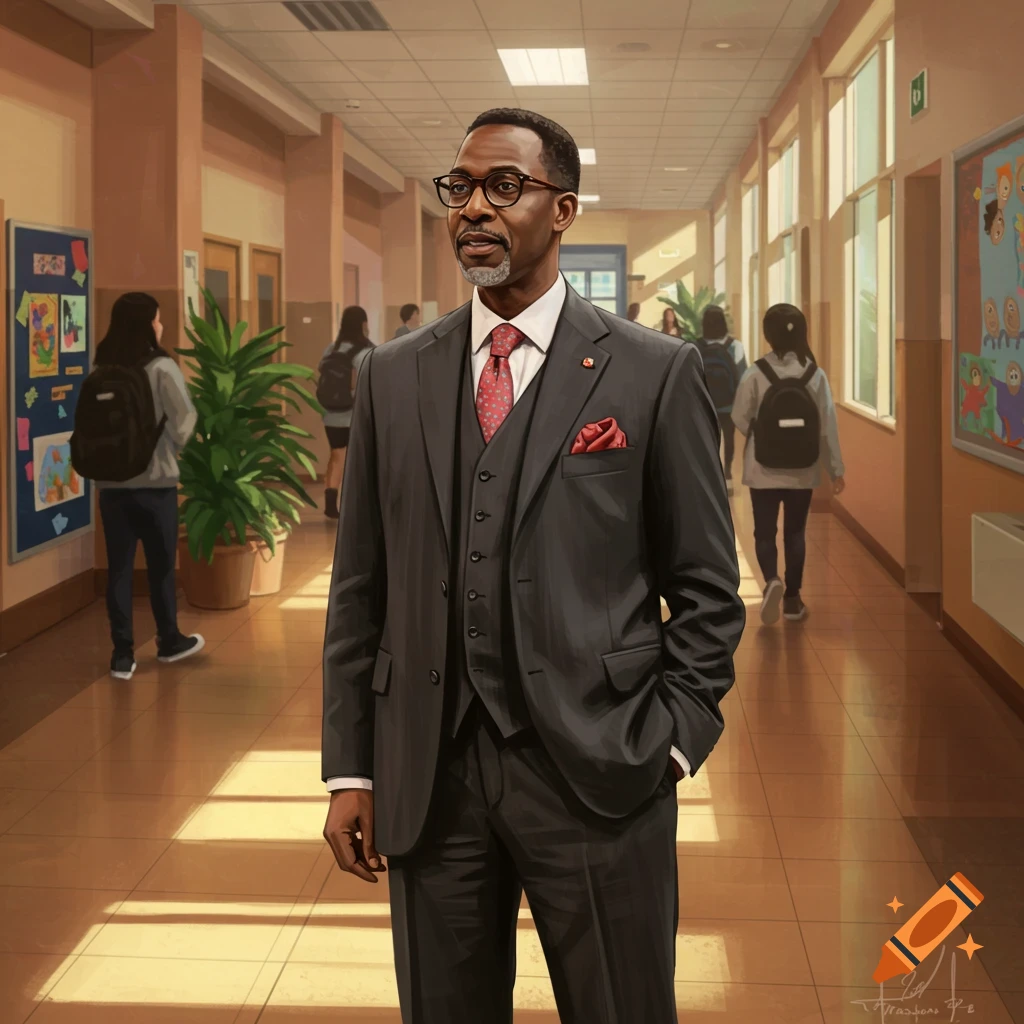 A distinguished man in a suit stands confidently in a sunlit school hallway with students in the background, art style.
