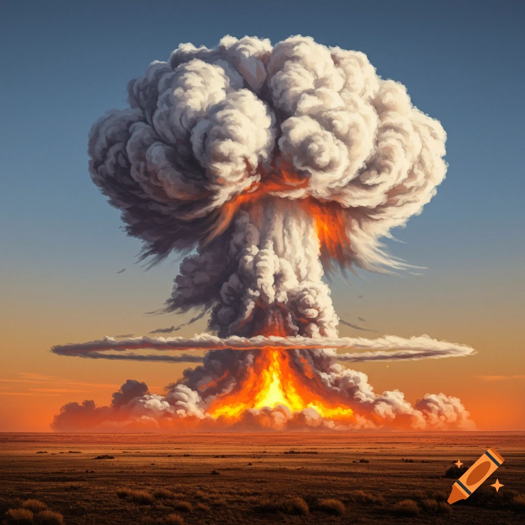 A massive nuclear mushroom cloud erupts over a flat, barren landscape under a sunset sky.