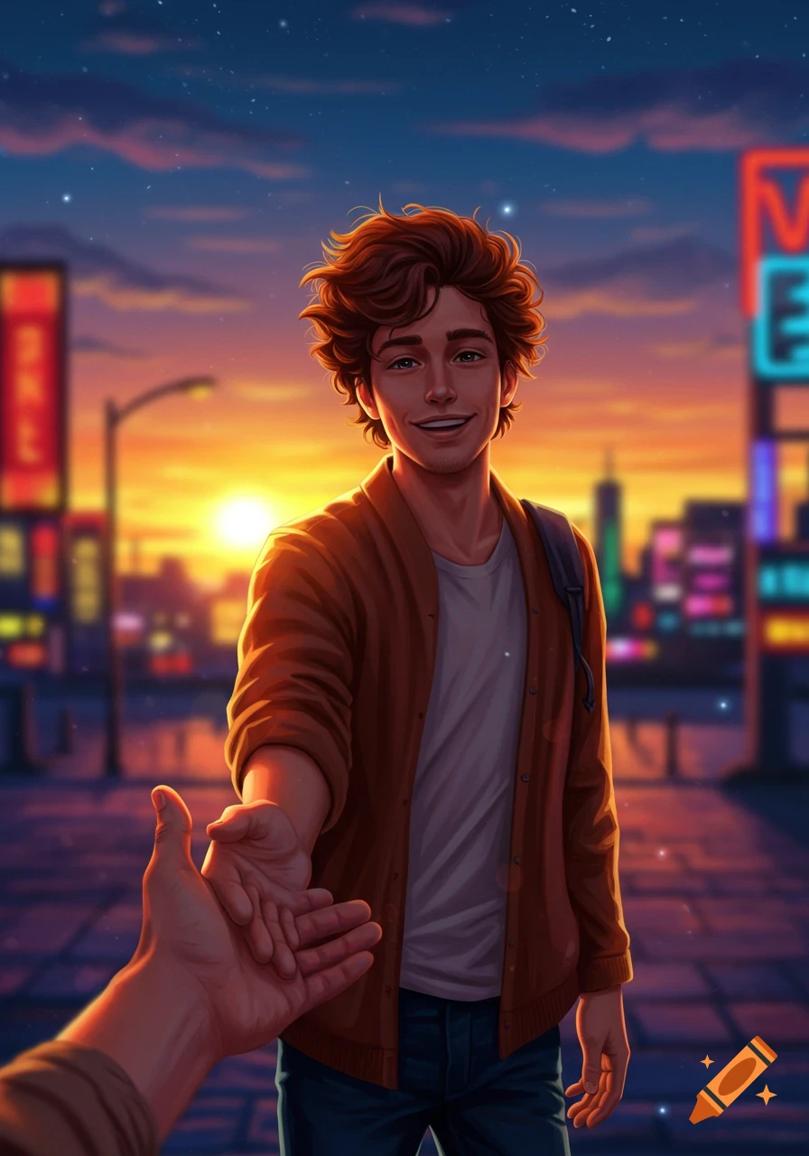 A smiling young man with curly brown hair extends his hand, inviting the viewer to join him in a vibrant city street at sunset.