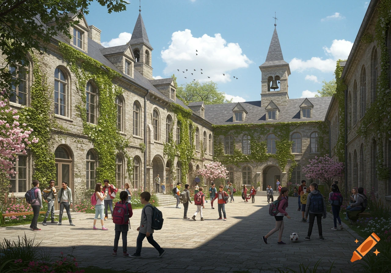 Photorealistic image of students in a sunny, ivy-covered stone school courtyard with towers and blooming trees.