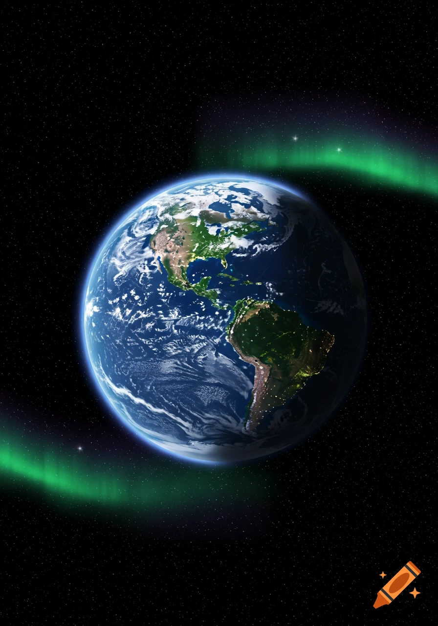 A vibrant image of Earth from space, showing continents, clouds, city lights, and a bright green aurora against a starry black background.