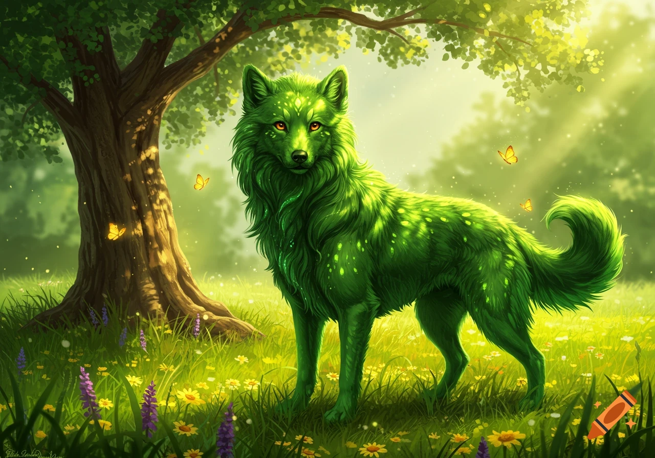 A majestic green wolf with glowing eyes stands in a sunlit fantasy forest clearing with flowers and butterflies.