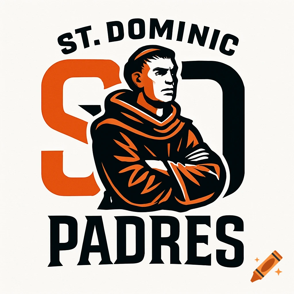 Sports logo: 'ST. DOMINIC' above an orange/black 'SD' behind a serious padre, with 'PADRES' below.