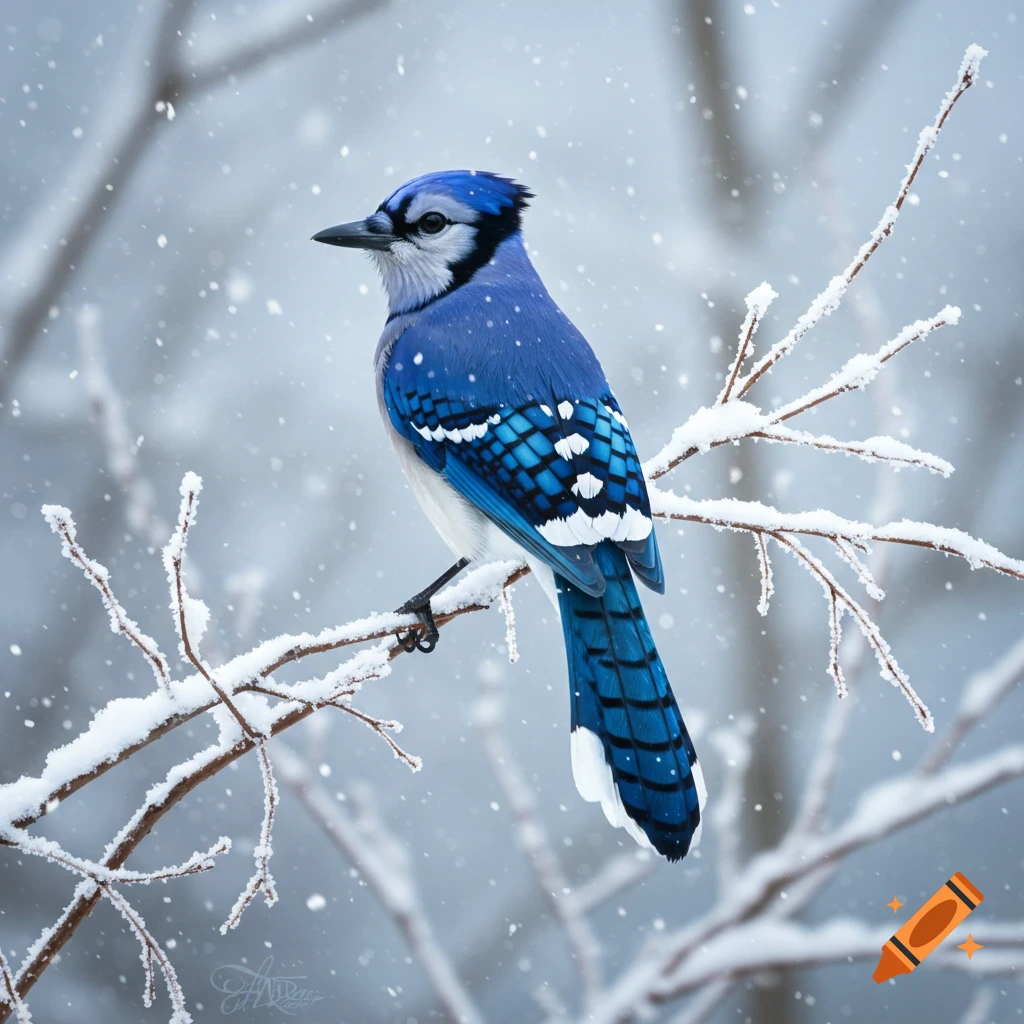 A vibrant blue jay with black and white markings perches on a snow-covered branch during a gentle snowfall.