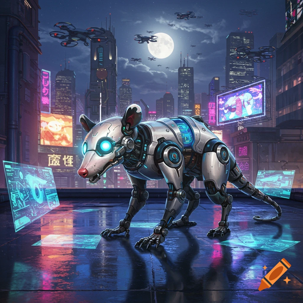A robot possum stands on a wet rooftop in a neon-lit cyberpunk city at night, with drones flying under a full moon.