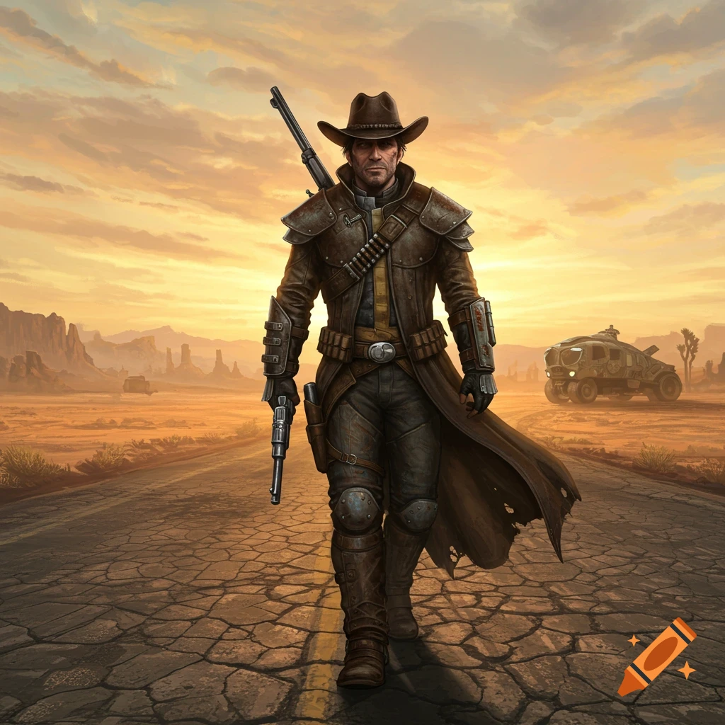 A man in a cowboy hat and leather armor walks down a cracked desert road at sunset, holding a pistol. A rifle is on his back, and a futuristic vehicle is in the background.