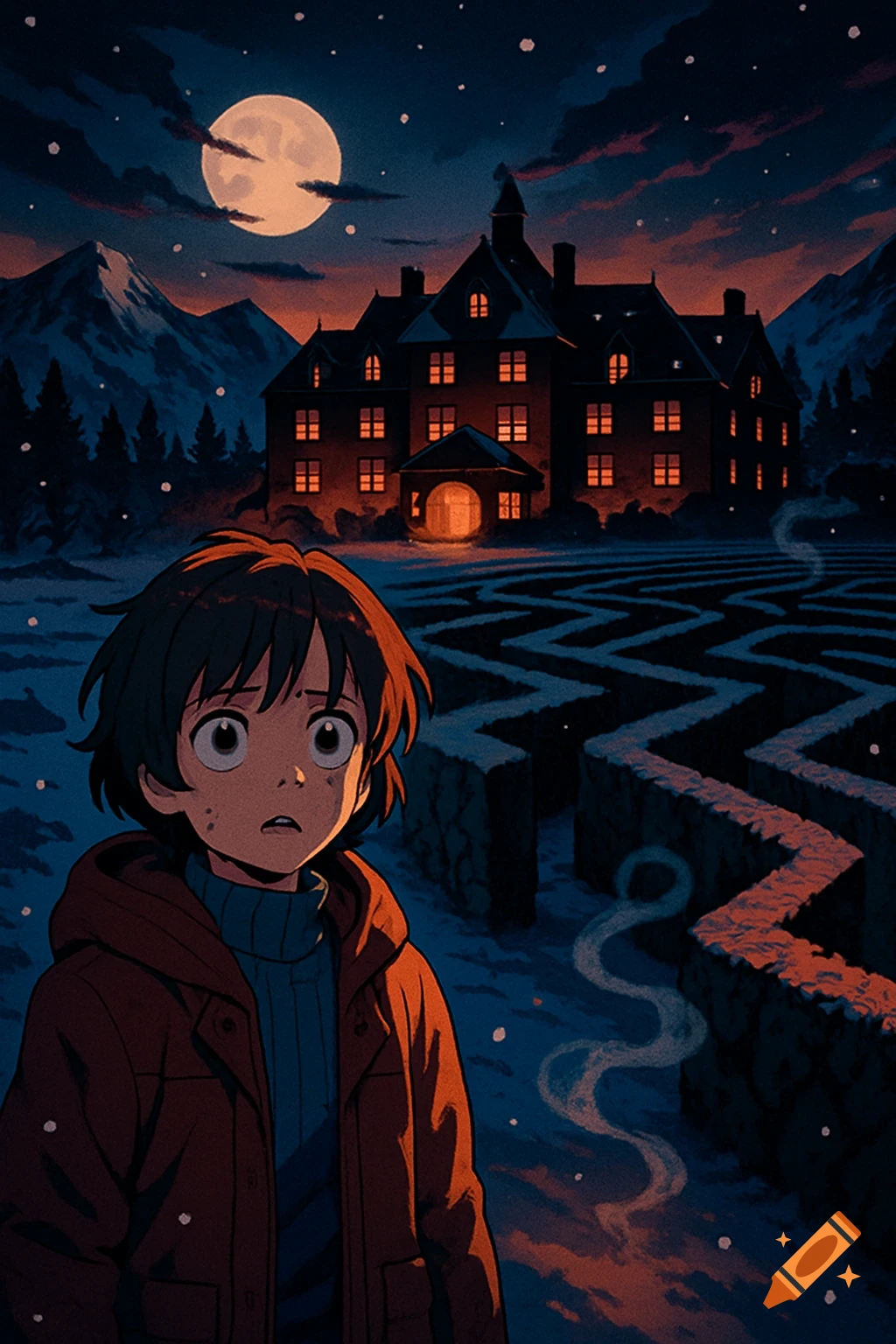 Anime boy with wide eyes in a snowy maze before a large, lit mansion under a full moon at night.
