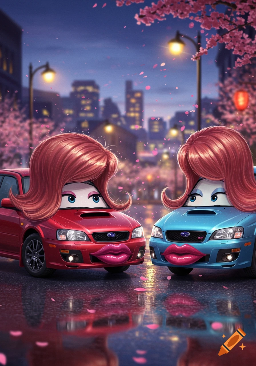 Two anthropomorphic Subaru cars with big hair and lipstick stand in a city street covered in pink cherry blossom petals at dusk.