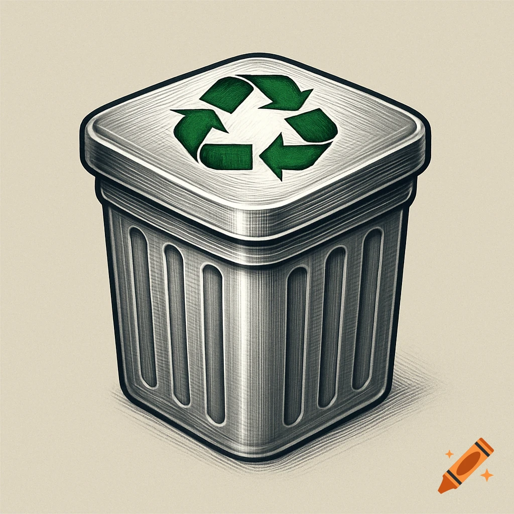 A metallic, square trash bin with vertical slats, topped with a vibrant green recycling symbol, rendered in a detailed icon style.