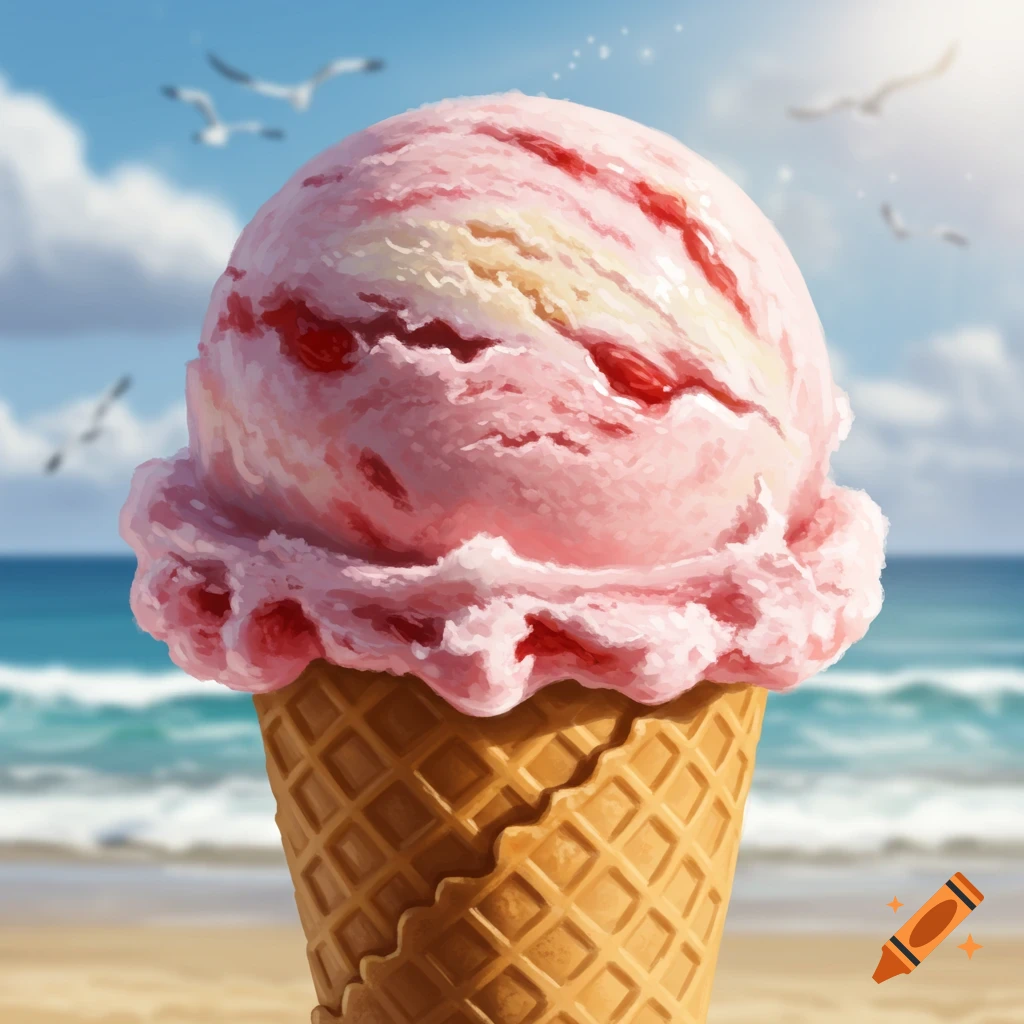 A vibrant, stylized scoop of pink and white strawberry swirl ice cream in a waffle cone, set against a sunny beach background with ocean waves and seagulls.