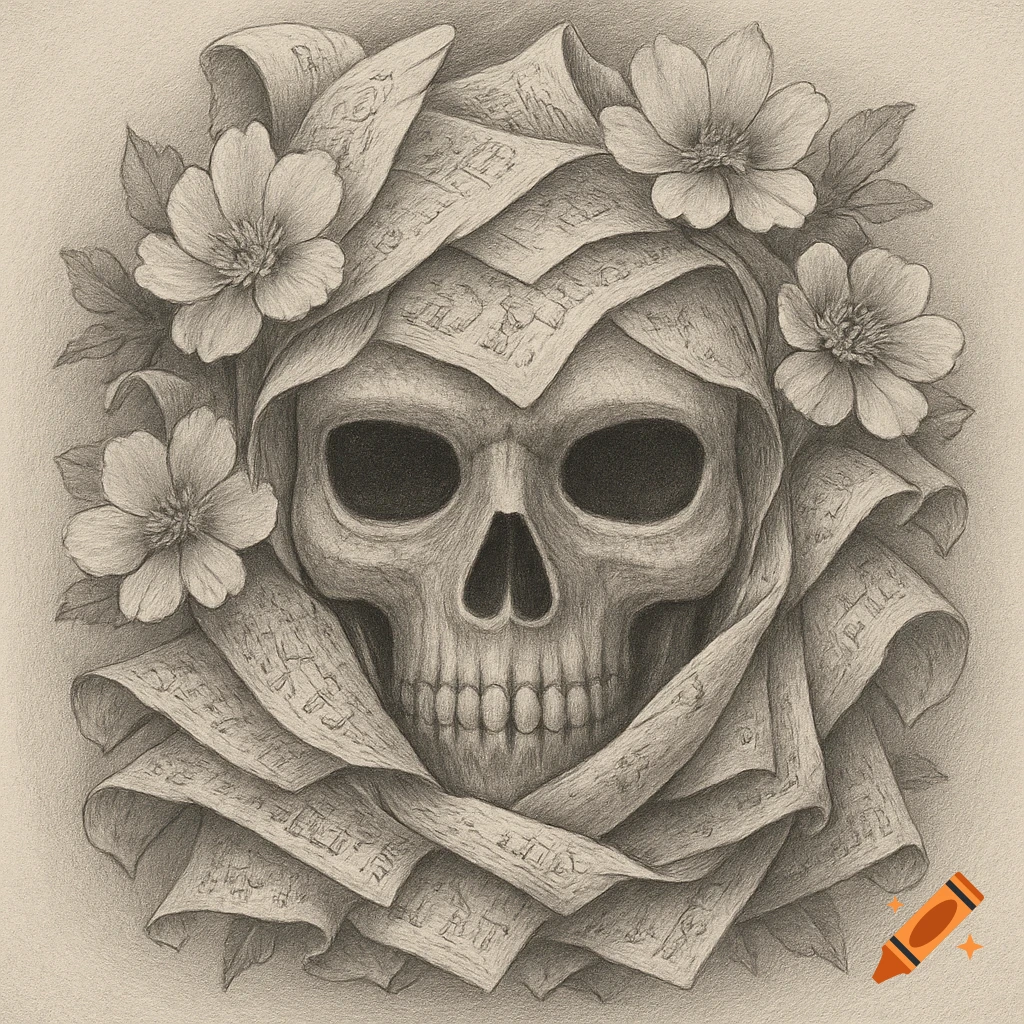 Pencil drawing of a skull wrapped in sheets of paper with flowers and leaves.