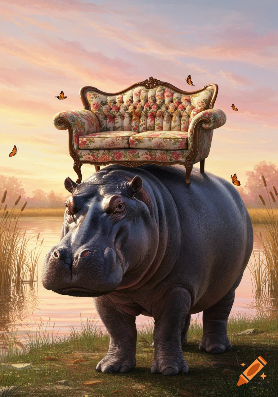 A large hippo with a floral Victorian couch on its back stands in water with reeds at sunset, surrounded by butterflies. Photorealistic painting.