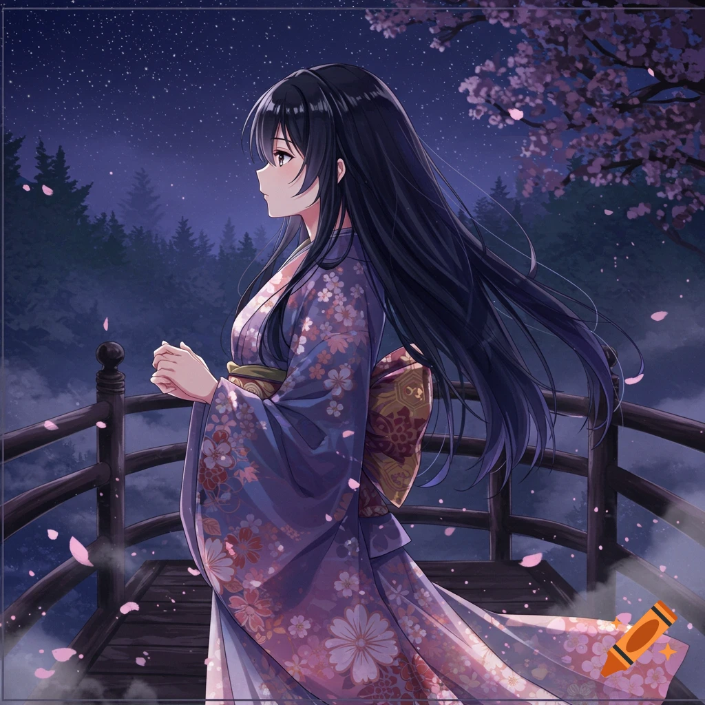 Anime girl with long black hair in a purple floral kimono standing on a bridge at night with falling cherry blossoms.