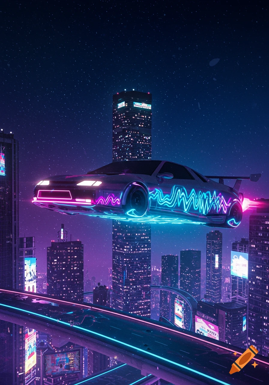 A futuristic flying car with neon pink and blue lights hovers above a cyberpunk city at night under a starry sky.