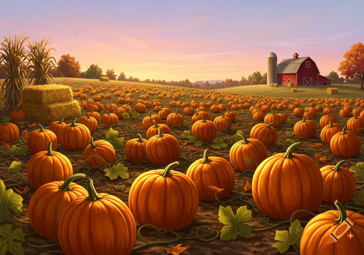 A vibrant pumpkin patch filled with orange pumpkins and vines, a red barn, hay bales, and corn stalks under a colorful sunset sky.