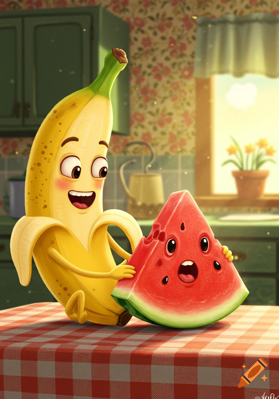 A cheerful cartoon banana character holds a surprised watermelon slice character on a checkered tablecloth in a sunny kitchen.