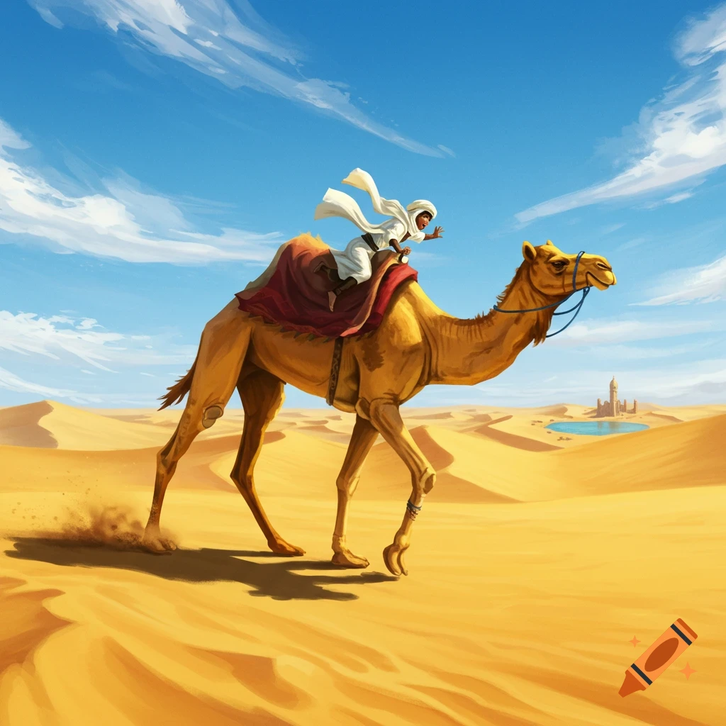 An illustrated person in white robes dynamically riding a camel through a vast desert with an oasis and city in the distance.