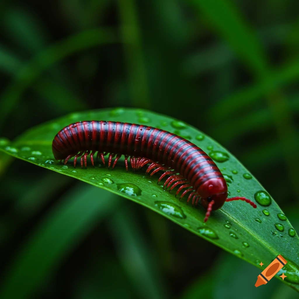 A red and black banded millipede crawls across a green leaf covered in water droplets, macro shot.