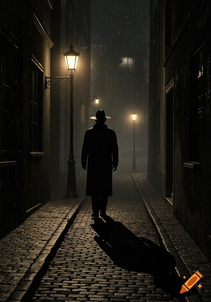 A silhouetted man in a fedora and trench coat walks down a dark, wet, cobblestone alley at night, illuminated by street lamps in the rain.