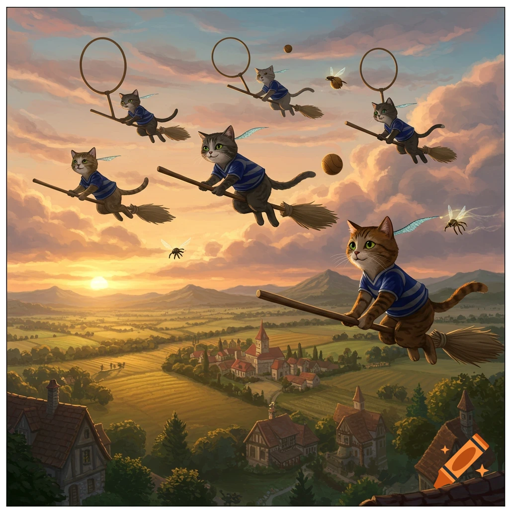 Whimsical illustration of anthropomorphic cats flying on brooms over a village at sunset, playing a Quidditch-like game.