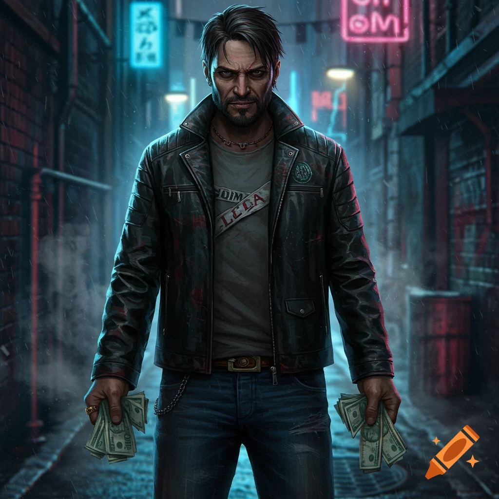 A gritty man in a leather jacket stands in a neon-lit, rainy cyberpunk alley, holding stacks of cash.