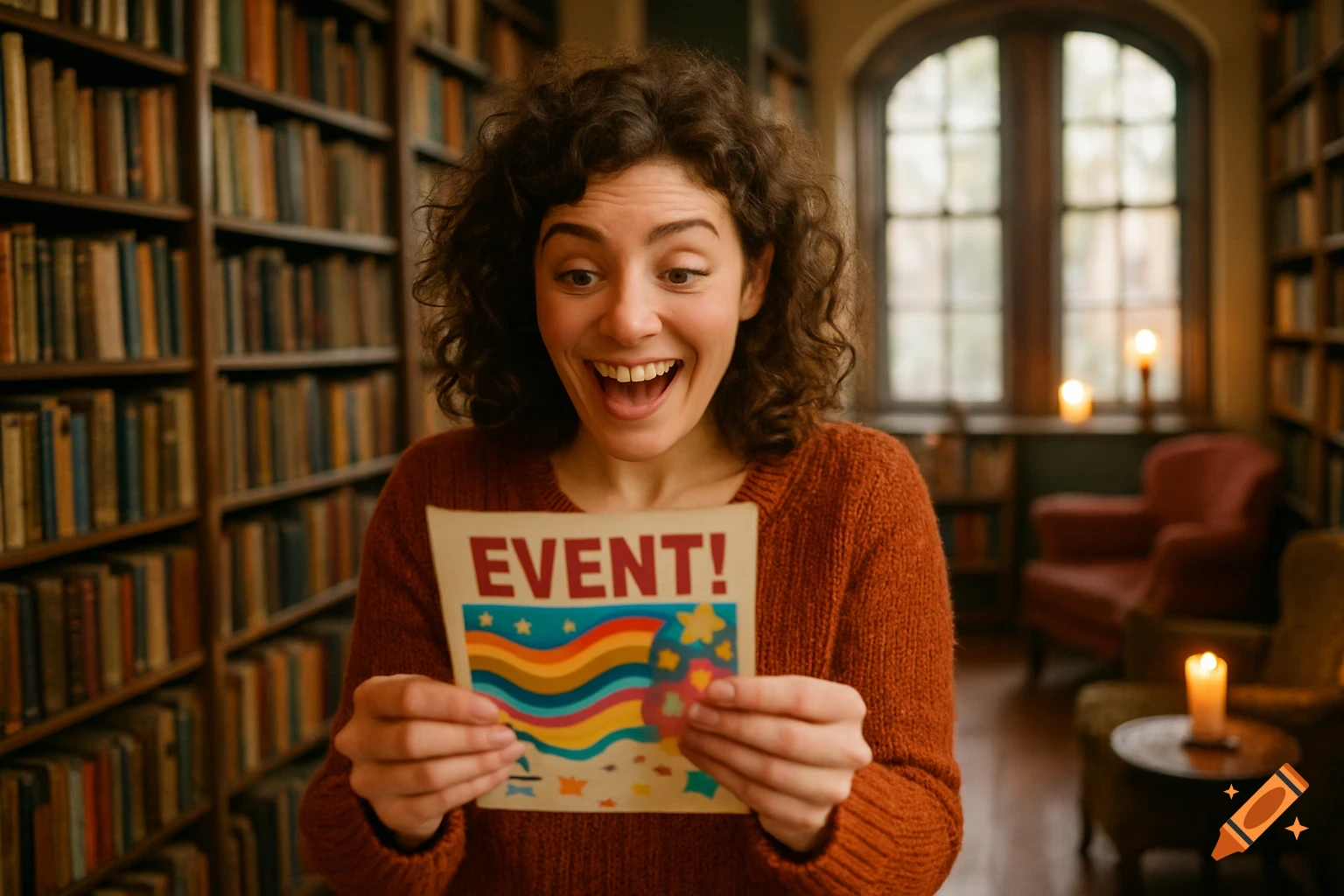 A woman with curly hair looks excited, holding an "EVENT!" flyer in a lamp-lit library.