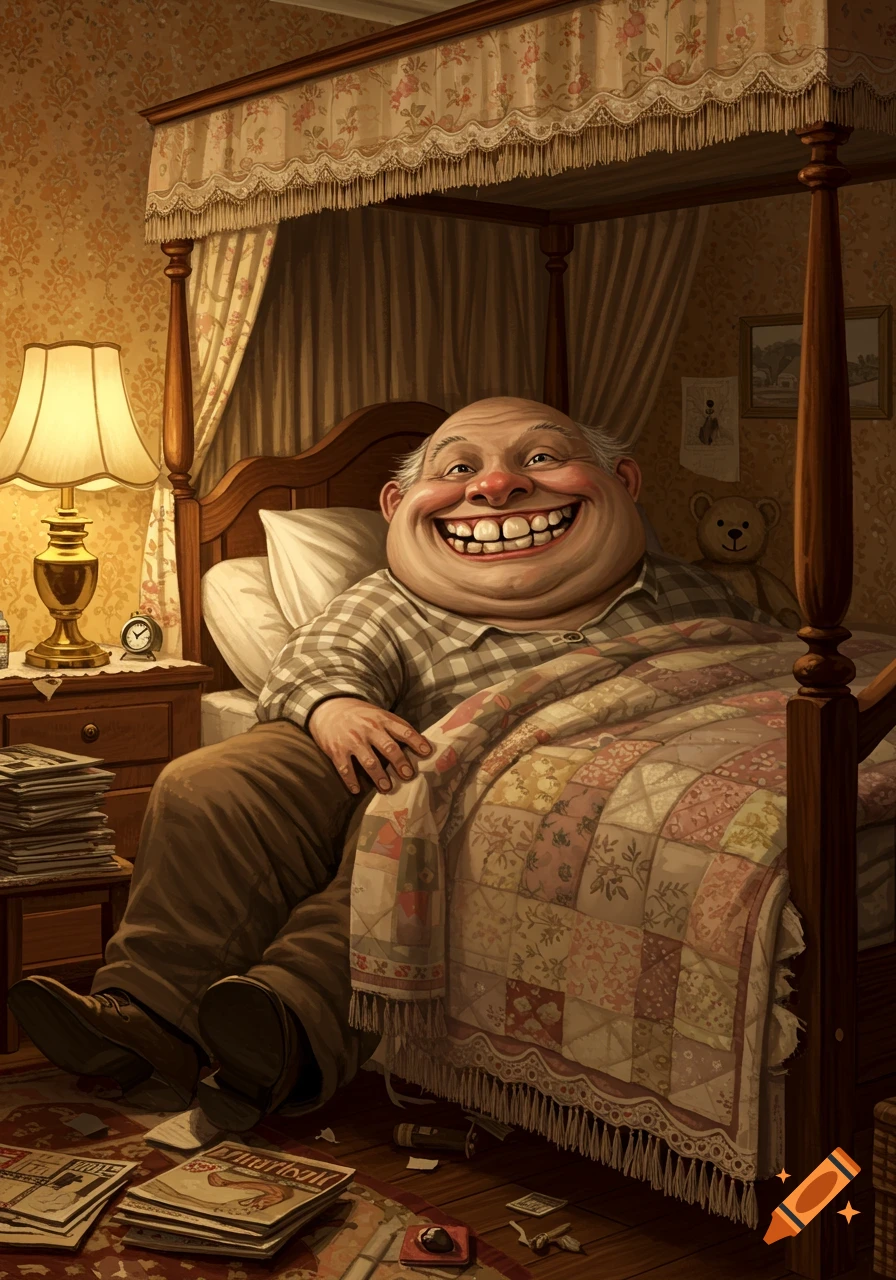 A grotesquely fat man with an extremely wide, toothy smile sits in a four-poster bed, wearing a plaid shirt and brown pants. The room has patterned wallpaper and a nightstand with a lamp and stacked newspapers.
