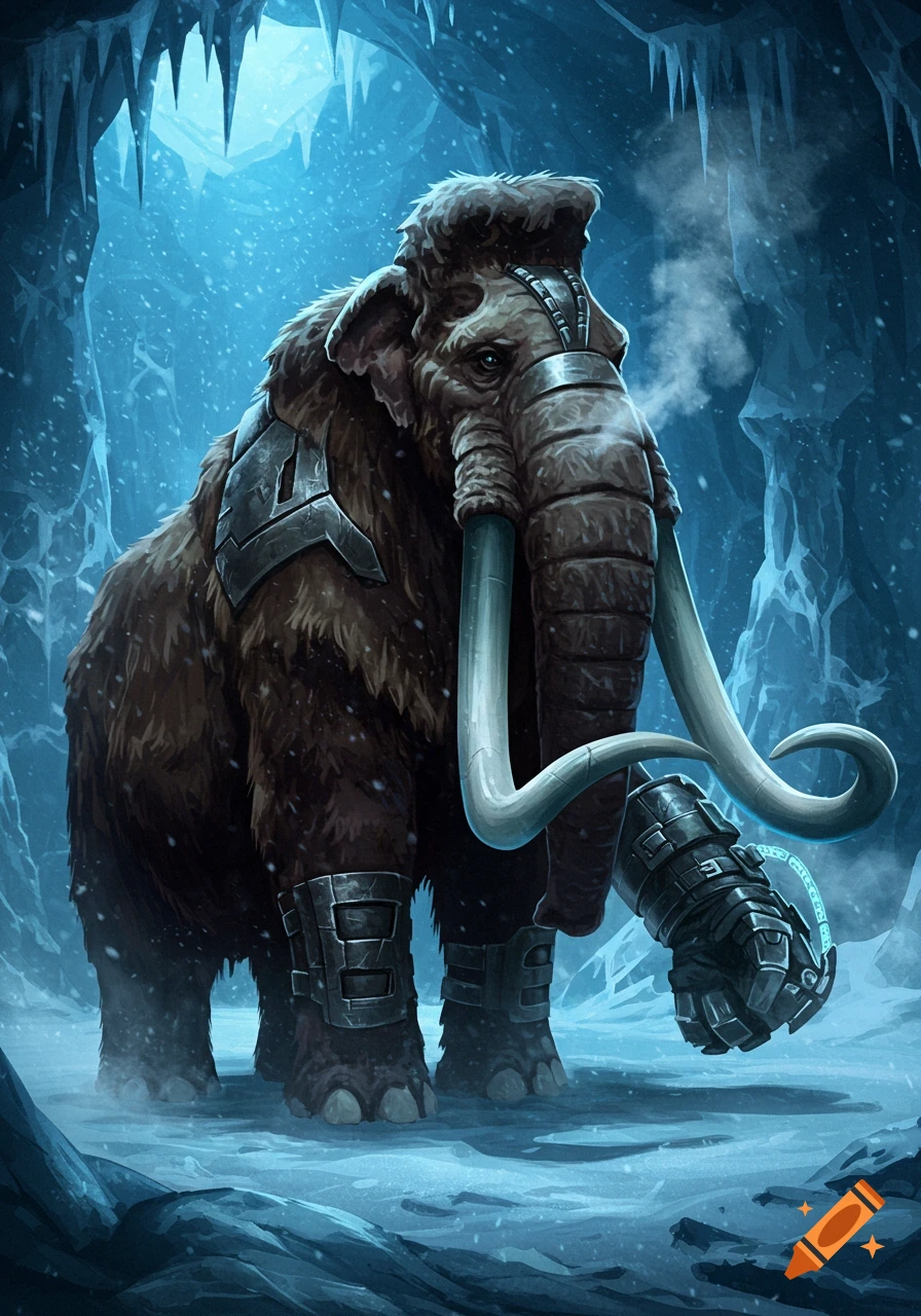 Armored woolly mammoth with large tusks and a robotic gauntlet stands in an icy cave with falling snow. Digital art.