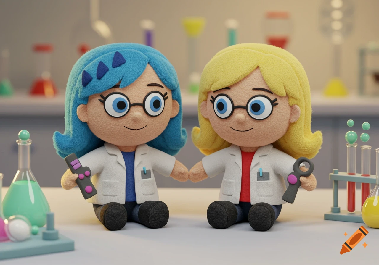 Two plushie characters resembling Susan and Mary Test, wearing lab coats and holding remotes, sit in a science lab.