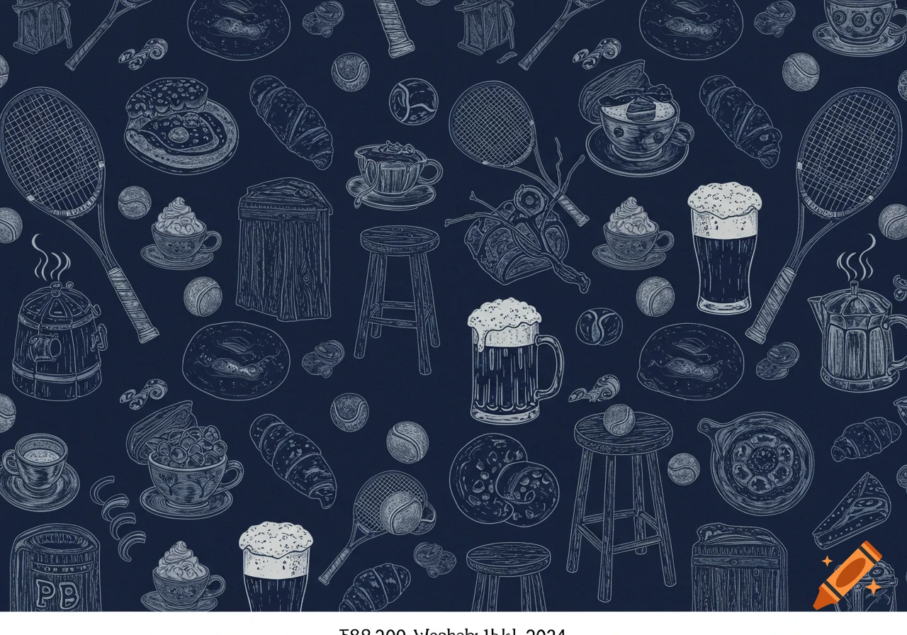 Dark blue and white repeating pattern featuring illustrations of tennis rackets, beer mugs, coffee cups, croissants, and various breakfast items and pub stools.