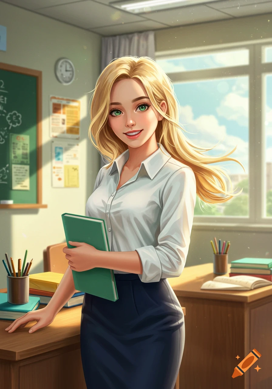 A blonde anime-style teacher with green eyes smiles while holding a green book in a sunlit classroom.