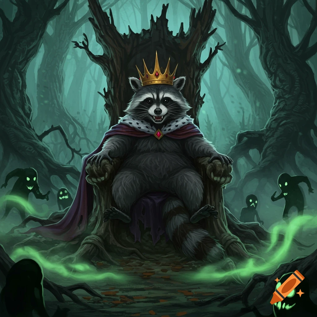 A regal raccoon king wearing a crown and cloak sits on a gnarled tree throne in a dark, misty forest, surrounded by glowing green ghosts.