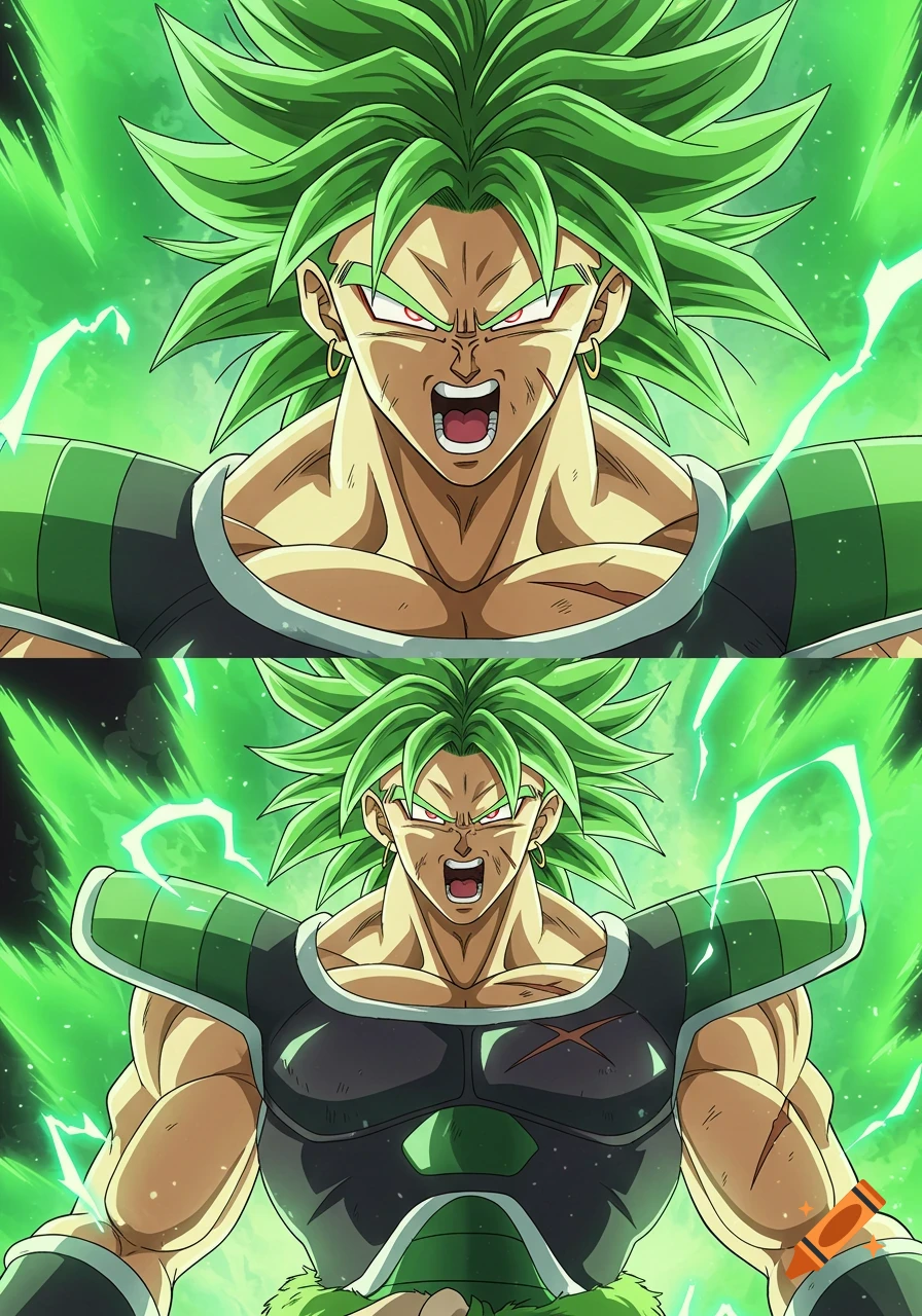 An anime illustration of Broly from Dragon Ball Super with spiky green hair, red eyes, and green armor, surrounded by a glowing green aura, shown in two panels.