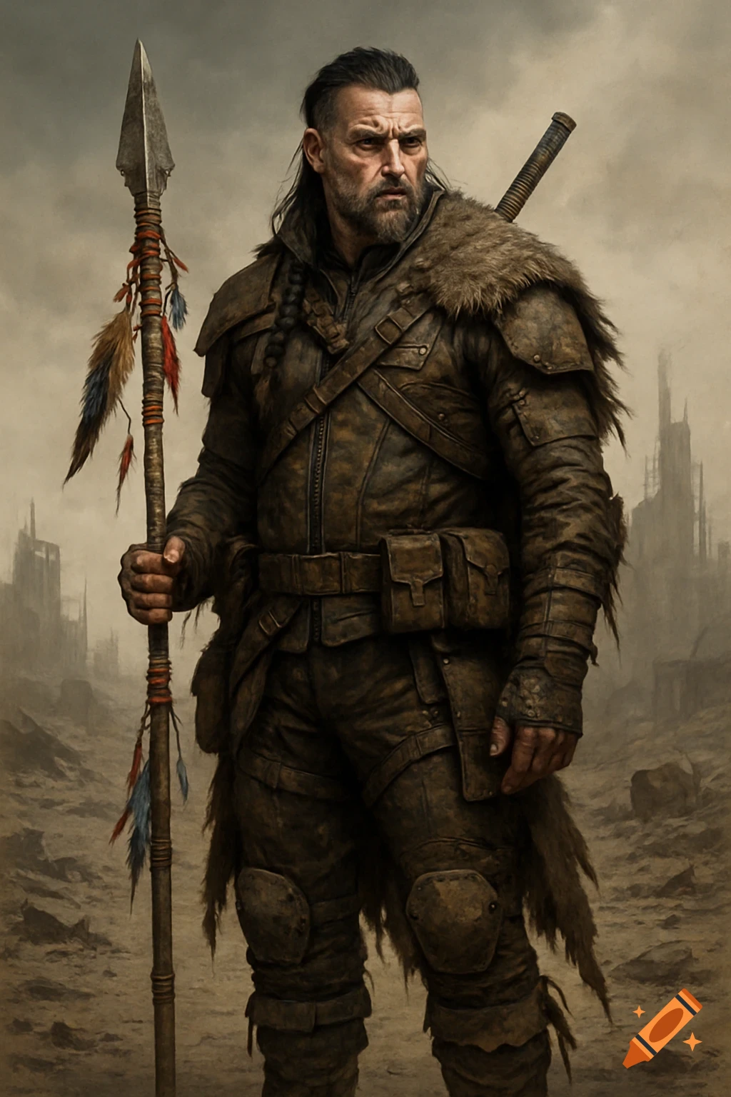A rugged, bearded man in leather and fur armor holds a feathered spear in a desolate post-apocalyptic wasteland with ruins.