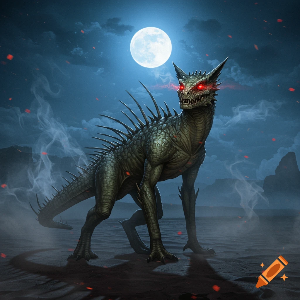 A scaly, spiked chupacabra with glowing red eyes stands under a bright full moon in a dark, misty desert landscape.