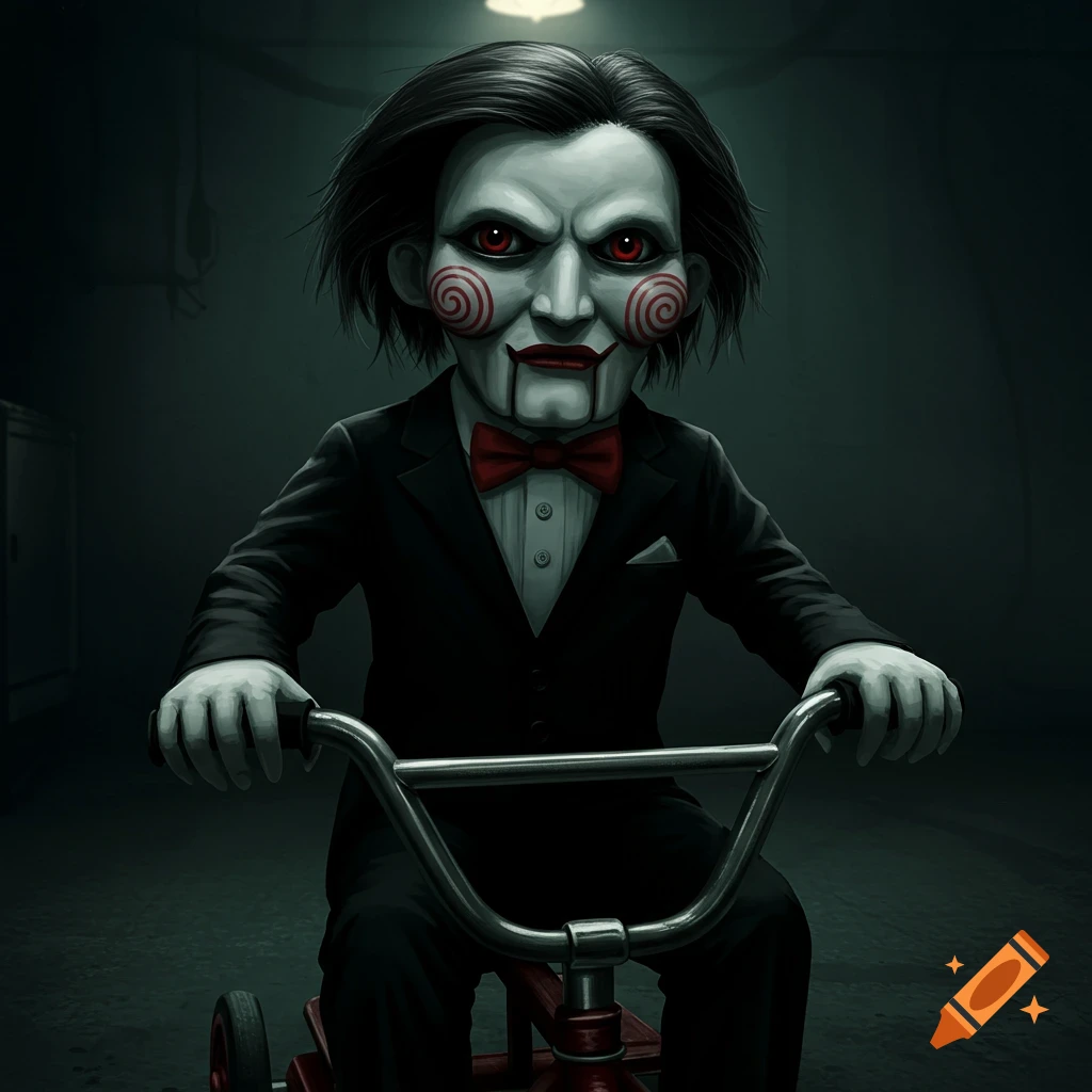 A menacing Billy the Puppet from Saw, with red eyes and spiral cheeks, rides a red tricycle in a dark, ominous room.