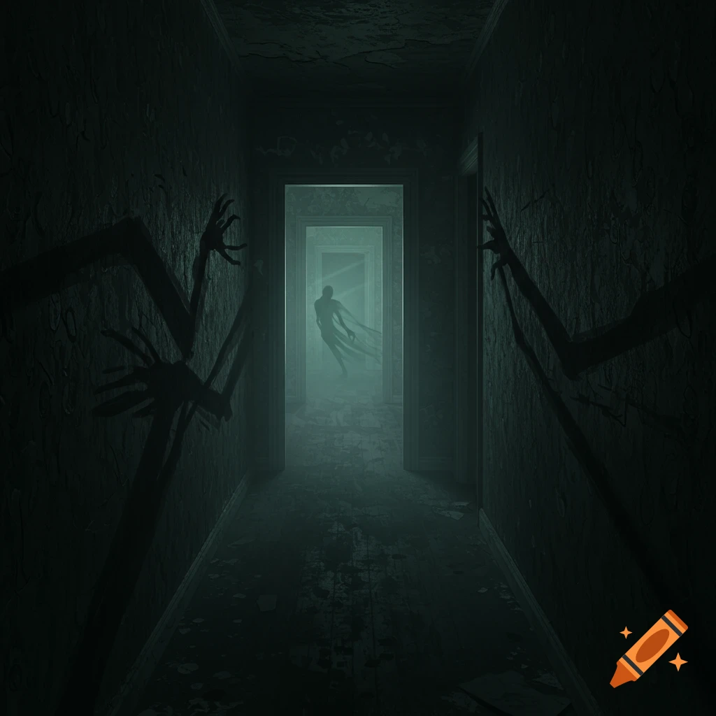 A dark, foggy hallway in an abandoned house with twisted shadows on walls and a ghostly figure in the distance, horror style.